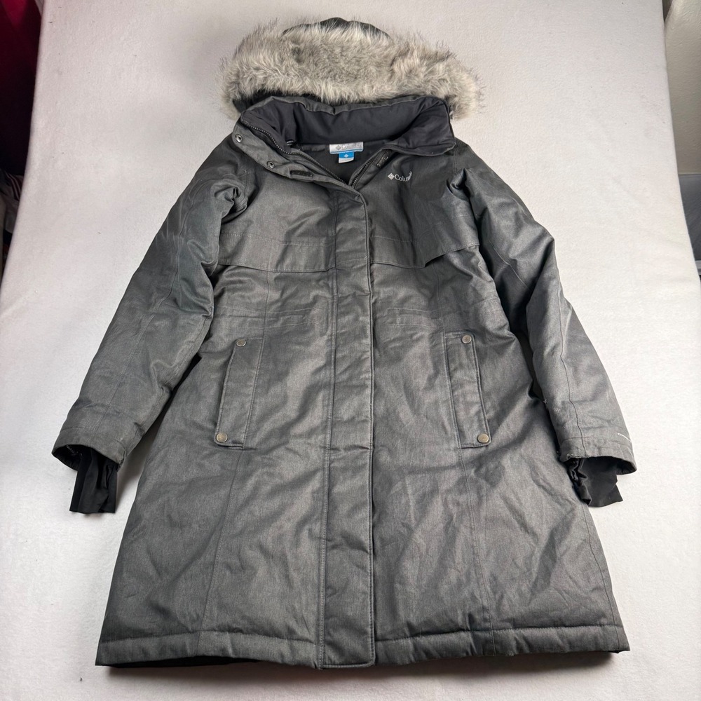 Columbia Womens Omni-Heat Long Winter Parka Jacket Grey Faux Fur Hood Size L